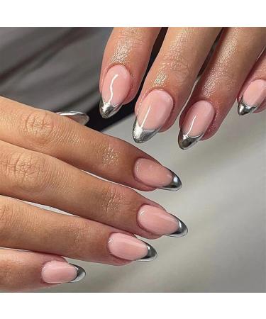 SINHOT French Tips Press On Nails Short Almond Fake Nails Glossy Silver Edge False Nails Stiletto Glue on Nails with Design Full Cover Acrylic Nails (24Pcs 1 Glue) FN00500003