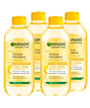 Garnier 4 x Garnier SkinActive Micellar Water Hypoallergenic Make-Up Remover and Cleanser without Refrigerator with Vitamin C 4 Bottles of 400 ml Each