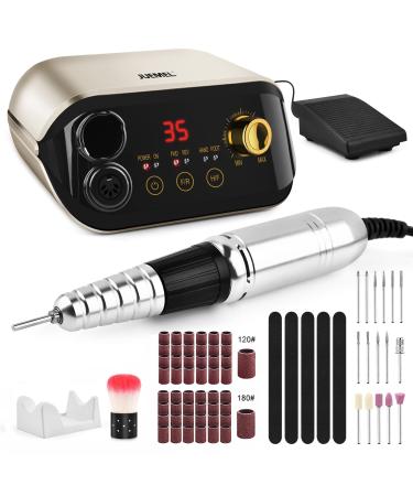 Professional Nail Drill Machine 35000 rpm with Foot Pedal and Forward/Reverse Rotation,JUEMEL Electric Nail File for Gel Nails,Acrylic,Manicure Pedicure Polishing Shape Tool kit 125pcs,Nail Drill Bits 35000rpm-Wall Plug