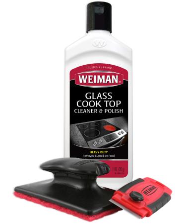 Weiman Cooktop and Stove Top Cleaner Kit - Glass Cook Top Cleaner and Polish 10 oz. Scrubbing Pad Cleaning Tool Razor Scraper