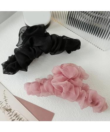 Korean Style Hair Claw Crossing Teeth Spring Design Pleated Mesh Yarn Decor Large Hair Clip Hair Accessories Big Hair Clip Pink - Buy Online on GoSupps.com