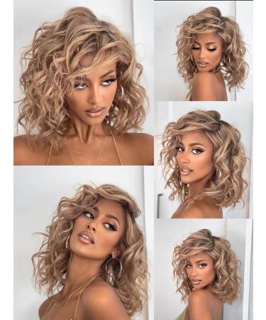 14 Inch Short Curly Wavy Bob Wig for Women - Ombre Blonde Wavy Synthetic Hair Wig with Side Bangs - Buy Online on GoSupps.com