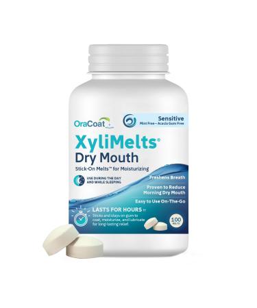 OraCoat XyliMelts Dry Mouth Relief Stick-On-Melts for Sensitive Mouths Mint-Free and Acacia Gum-Free with Xylitol 100 Count Non-Acidic Day & Night User Long Lasting 8-Hour Moisturizing Relief