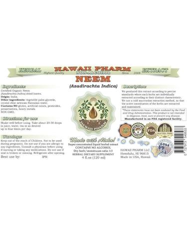 Hawaii Pharm Neem Alcohol-Free Liquid Extract Organic Neem (Azadirachta Indica) Dried Leaf Glycerite Natural Herbal Supplement USA 2 fl.oz - Buy Online on GoSupps.com