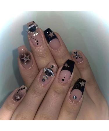 MERVF Coffin Press on Nails Medium Fake Nails Black French Tip Ballerina Acrylic Nails with Planet Rhinestones Designs 24pcs Glossy Glue on Nails for Women 031-02