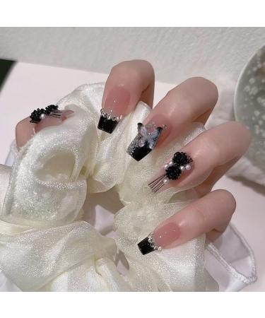 Black Flame Love Heart Bow with Diamond Shining Pearl Cute Cat 24pc False Nails Wearable Fake Nails Set Press On Nail with Glue QXJ-163
