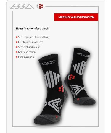 ESSA Merino Wool Hiking Socks - 2 Pairs - Breathable Trekking Socks for Men & Women - Sizes 35-38 - Black - Buy Online on GoSupps.com