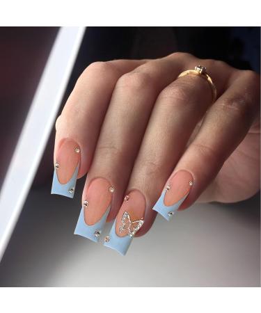 Buy Kotkiddy 24pcs Black French Tip Press-On Nails | Butterfly Rhinestone Coffin Fake Nails | Glossy Full Cover Stick-On Nails (Blue) - International Shipping - Buy Online on GoSupps.com