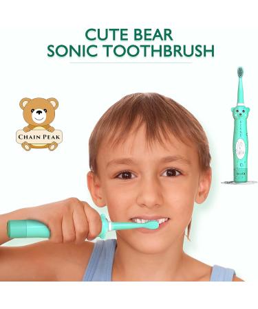 Kids Sonic Electric Toothbrush - Rechargeable Cute Bear Design for Boys and Girls (Ages 3-12) | 30s Reminder, 2 Min Timer, 5 Modes | 6 Brush Heads & Wall-Mounted Holder Included - Green - Buy Online on GoSupps.com