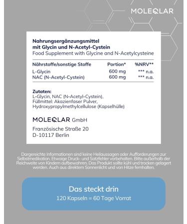  MoleQlar GlyNAC 120 Capsules 600 mg Glycine and 600 mg NAC (N-Acetylcysteine) Per Serving Glutathione Precursor Complex Vegan and Gluten Free Certified in Germany - Buy Online on GoSupps.com