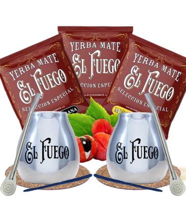 Yerba mate ensemble d' chantillons avec accessoires | Yerba mate El Fuego | 2x calebasse 2x yerba mate bombilla | 3x50g | Yerba mate du Paraguay | Caf ine naturelle