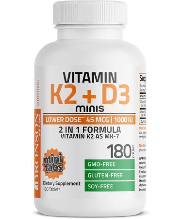 Bronson Vitamin K2 (MK7) with D3 Lower Dose 45mcg Vitamin K2 & 1000 IU Vitamin D3 Easy to Swallow Daily Maintenance 2 in 1 Formula Non-GMO, 180 Mini Tablets 180 Count (Pack of 1) - Buy Online on GoSupps.com