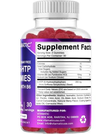 Vitamatic Sugar Free 5-HTP 200mg Gummies with B6 per Serving - 60 Pectin Based Gummes - Buy Online on GoSupps.com