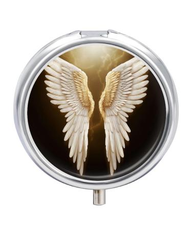 Round Pill Box Angel Wing Print 3 Compartment Medicine Pill Case Print Pill Organizer Decorative Metal Portable Pill Box Pocket Pill Box Style
