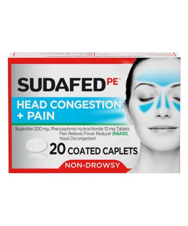 Sudafed PE Non-Drowsy Head Congestion + Pain Relief Caplets with Ibuprofen 200 mg & Phenylephrine HCl 10 mg, Nasal Decongestant & NSAID Pain Reliever & Fever Reducer, 20 ct