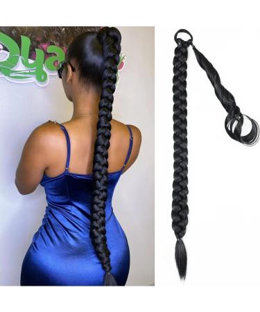 24 Inch Long Braided Ponytail Extension with Hair Tie  Braided Ponytail Hair Pieces for Black Women Synthetic Hair Pony Tail Natural Black Wrap Around Ponytail Hair Extension (24Inch  1B) 24 Inch 1B Braided Ponytail