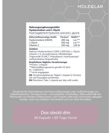  MoleQlar Hyaluron 60 CapsulesHigh Molecular Weight Vegan Hyaluron & Glycine Hyaluronic Acid (2 000 kDa) with Vegan L-Glycine & Gluten Free. Hyaluronan Capsules - Buy Online on GoSupps.com
