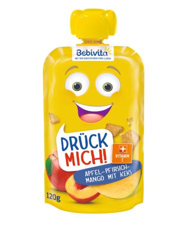 Bebivita Squeeze me! Apple-peach-mango squeeze pouch with biscuit pack of 6 (6 x 120 g)