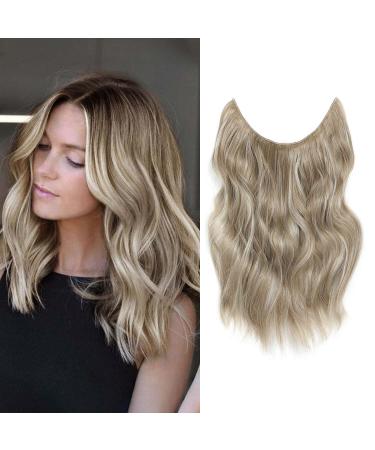 Ms TAj Hair Extensions Ash Blonde Halo Hair Extensions 12 inch with Adjustable Size Removable Clips Invisible Secret Synthetic Curly Hairpiece for Women 12 Inch Ash Blonde