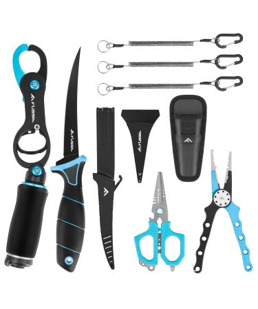 FLISSA Fishing Tool Kit, Fish Gripper with Scale, Braided Line Scissors, Fish Fillet Knife/Muti-Function Fishing Pliers/Fish Hook Remover, Fishing Gear with Safety Coiled Lanyard 4-piece