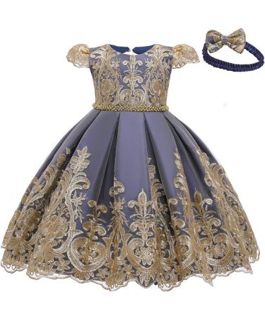 Myrisam Baby Girl Embroidery Princess Dress 4-5 Years Navy Blue - Birthday & Christening Gown with Headwear - Buy Online on GoSupps.com