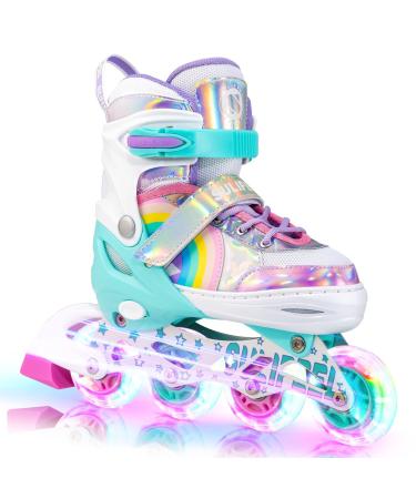 SULIFEEL Rainbow Unicorn Inline Skates for Girls Boys 4 Size Adjustable Light up Wheels Roller Blades for Kids Beginner A Rainbow Medium - Big Kid