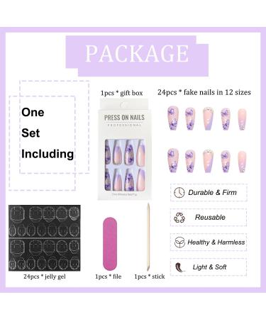 Medium Length Square Coffin Nude Fake Nails with Purple Butterfly 3D Rhinestones - 24Pcs - Buy Online on GoSupps.com