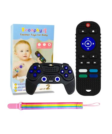 Tronphy Silicone Teether Toys for Baby  Remote Control Game Pad Shape Teething Toys for Toddler  Chew Toys for 6-12 Months Baby  with Sensory Press Button - 2 Pcs (Black + Black)