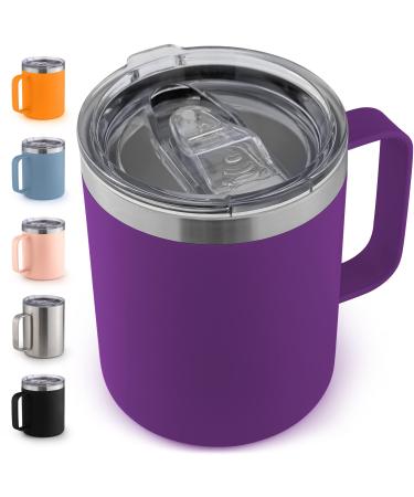 Zulay 12 oz Insulated Coffee Mug with Lid - Stainless Steel Camping Mug Tumbler with Handle - Double Wall Vacuum Duracoated Insulated Mug For Travel, Camping, Office, Outdoor (Purple)