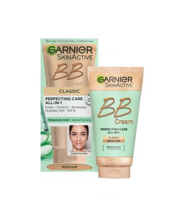 Garnier SkinActive Classic Perfecting All-in-1 BB Cream Shade Classic Medium Tinted Moisturiser SPF 15 Brightens and Evens Skin With Hyaluronic Acid Aloe & Mineral Pigments 50 ml
