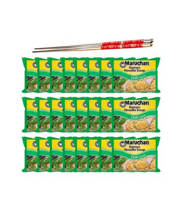 Ja Cor Instant Ramen Noodle Soup Chili Flavor Noodles Bulk Pack 3 oz Package Bundle with 1-Set of Reusable Stainless Steel Chopsticks (24 Individual Packs)