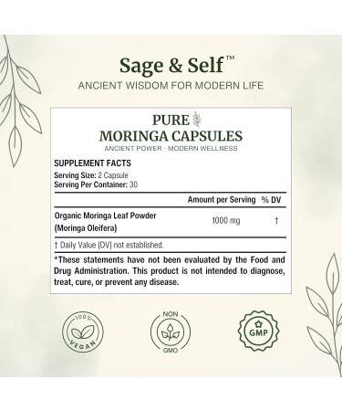 Sage & Self Pure Moringa Capsules Moringa Leaf Powder for Natural Energy & Daily Wellness Vegan Herbal Supplement (60 Capsules) - Buy Online on GoSupps.com