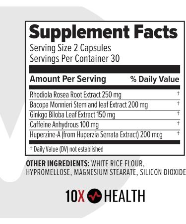 10X Health Focus Rhodiola Rosea - Brain Supplements for Memory and Focus - 60 Capsules Focus Supplement Memory Supplement for Brain Health with Ginkgo Biloba Huperzine A - Ginkgo Biloba Capsules - Buy Online on GoSupps.com
