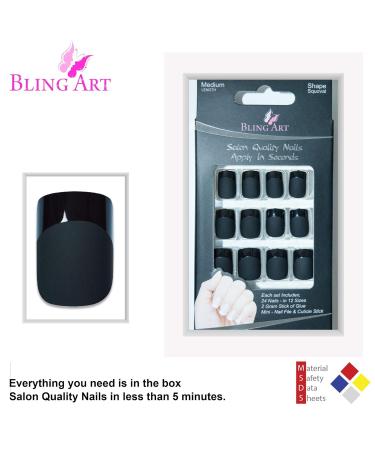 Shop Bling Art French False Nails - Matte Black Gel Glitter Squoval 24 Medium Acrylic Tips - Buy Online on GoSupps.com
