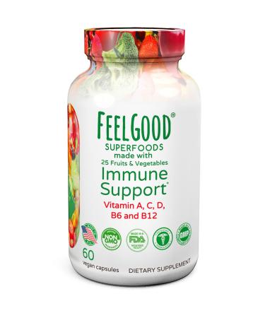 FeelGood Superfoods 1000mg Immune Support Capsules Made with 25 Organic Fruits and Vegetables Strong Immunity Boosters with Vitamins A C D3 and Zinc 60 Count