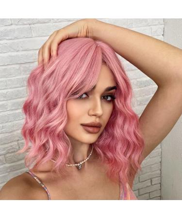 WOKESTAR Bob Curly Wig with Fringe Short Synthetic Wavy Wigs for Women Light Pink Color 12 inch Light Pink