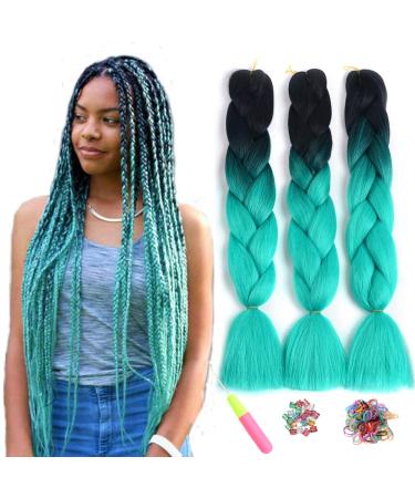 Showjarlly Kanecalon Kunsthaar Hair Kanecalon Hair Braids Extension Ombre Jumbo Braid Hair extension 24 " Kanecalon braids Box Hair Kunsthaar Hair For Including Kanecalon African Hair 61cm-24 inch (3 SPALL) Black/Cyan