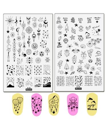 2pcs Sea Shell Pattern Nail Stamping Plates Geometry Flowers Image Painting Nail Art Stencils English Letter Manicure Template 9.5x14.5CM Moon Star Space Design Nail Stamp Tools (D-02 and D-04)
