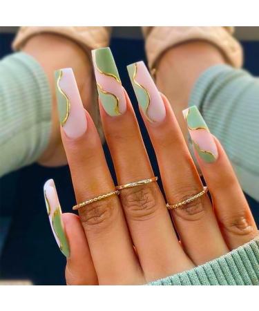 YOSOMK French Tip Long Press on Nails Matte Green with Designs Glitter False Fake Nails Acrylic Nails Press On Coffin Artificial Nails for Women Stick on Nails With Glue on Static nails A3-1