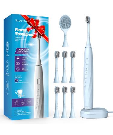 SANTALA UltraSonic Electric Toothbrush with 6 Brush Heads and 1 Cleansing Brush  Waterproof Safe Power Toothbrush 5 Modes One Charge for 100 Days 48000 VPM Motor (Blue)