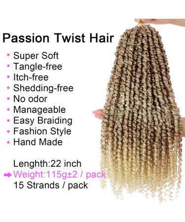 5 Packs 22 Inch Ombre Blonde Pretwisted Passion Twist Crochet Hair - T27/613 | Long Pre-Looped Bohemian Curly Braiding Extensions - 115g/15strands/pack - Buy Online on GoSupps.com
