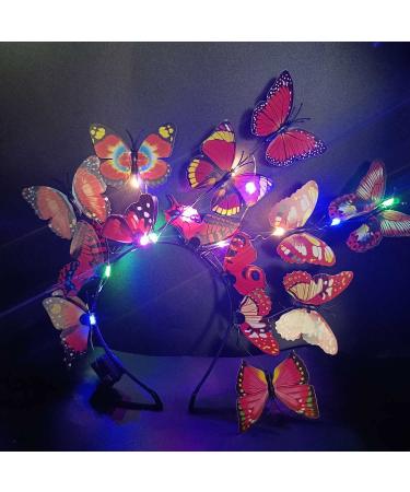 Woent LED Luminous Butterfly Wreath Hair Accessories Wedding Party Hairband Photography Props Hair Hoop Headwear Hair Accessories for Women Girls (Red)