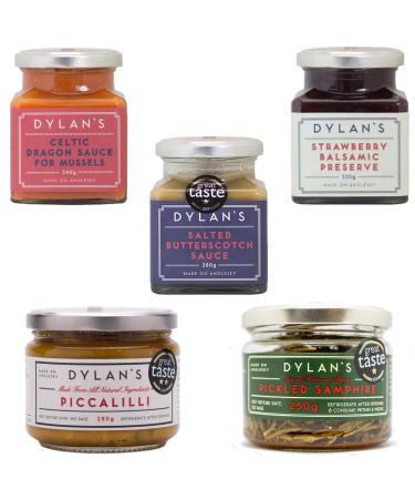 Dylan's Sauce Jar Pick N Mix - Choose From 5 Flavours | Celtic Dragon Piccalilli Pickled Samphire Strawberry Balsamic Preserve Salted Butterscotch-Sauce - Pack of 5