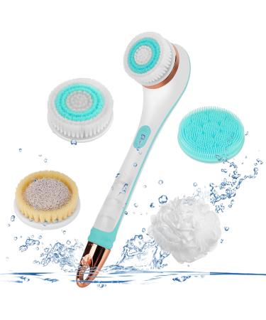 Bestcool Electric Body Brush Set Waterproof Bath Brush 2 Speeds Body Scrubber Shower Brush with Long Handle Soft Silicone Spin Skin Brush with 4 Brush Heads for Deep Cleaning and Relaxing(Green)