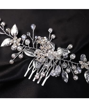 Chargances Bridal Pearl Leaf Hair Comb Wedding Silver Crystal Beaded Hair Vine Comb Fashion Flower Rhinestone Handmade Hair Accessory Dainty Head Piece for Women Bridesmaid Girls (Silver) - Buy Online on GoSupps.com