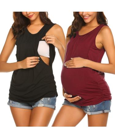 UNibelle Women's Maternity Nursing Top Breastfeeding Tank Top Tee Shirt Double Layer Sleeveless Pregnancy Shirt S-XXL XXL 2pcs_black+wine Red