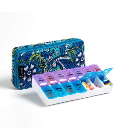 Zumd Quilted Floral Pill Cover Pill Organizer with Case, Am Pm Pill Organizer 7 Day , Twice a Day Removable Pill Case. Blue -1