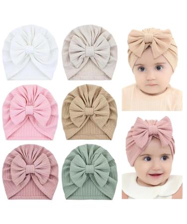 Cinaci 6 Pieces Cute Stretchy Soft Baby Turban Hats with Bow Donut Knot Nursery Hospital Caps Beanies Bonnets for Baby Girls Newborns Infants Toddlers 6PCS S3