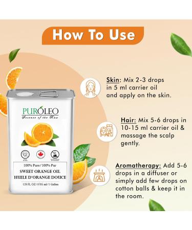 PUROLEO Sweet Orange Essential Oil 128 Fl Oz/3785 ML (Made in Canada) 100% Pure Therapeutic Grade for DIY Personal Care Cleaning Aromatherapy Diffuser Beauty Massage face Hair 128 Fl Oz (Pack of 1) - Buy Online on GoSupps.com