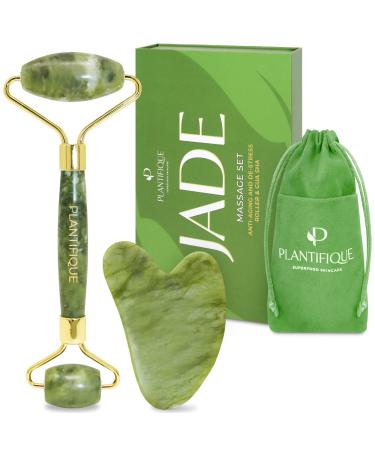 Premium Certified Jade Roller Gift and Gua Sha Set - Includes Anti Aging Face Roller and Gua Sha Facial Tool - Face Massager for Your Skincare Routine by Plantifique Jade Gua Sha and Roller